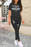 Casual Street Letter Print Contrast O Neck Short Sleeve Two Pieces