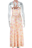 Elegant Print Hollow Out Patchwork Backless Halter Long Dresses