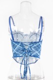 Sexy Hot Plaid Print Patchwork Backless Butterfly Spaghetti Strap Tops