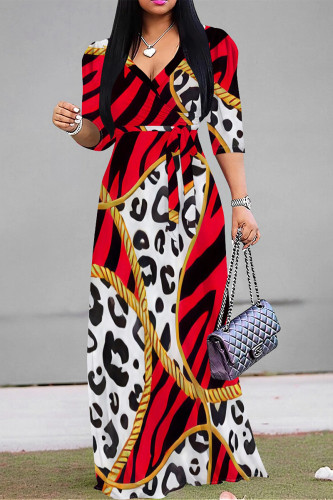 Elegant Geometric Print Lace Up Contrast V Neck Printed Dresses