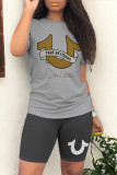 Casual Letter Print Contrast O Neck Short Sleeve Two Pieces