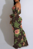 Sexy Floral Print Contrast Off Shoulder One Step Skirt Dresses