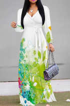 Elegant Floral Print Lace Up Contrast V Neck Printed Dresses