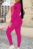 Casual Letter Print Contrast O Neck Long Sleeve Two Pieces