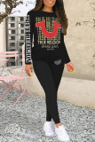 Casual Letter Print Contrast O Neck Long Sleeve Two Pieces