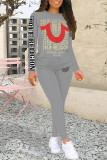 Casual Letter Print Contrast O Neck Long Sleeve Two Pieces