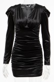 Sexy Solid Color Ruched V Neck Long Sleeve Dresses