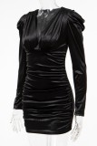 Sexy Solid Color Ruched V Neck Long Sleeve Dresses