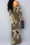 Sexy Floral Print Polka Dot Ruffle Contrast Off Shoulder Long Dresses