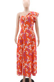Elegant Print Patchwork High Slit Oblique Collar Long Dresses