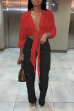 Casual Solid Bandage Turndown Collar Tops