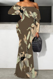 Sexy Floral Print Polka Dot Ruffle Contrast Off Shoulder Long Dresses