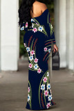 Sexy Floral Print Polka Dot Ruffle Contrast Off Shoulder Long Dresses