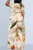 Casual Floral Print Stripe Pocket Contrast O Neck Long Plus Size Dresses