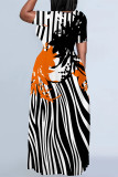 Casual Floral Print Stripe Pocket Contrast O Neck Long Plus Size Dresses