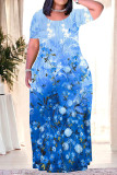 Casual Floral Print Stripe Pocket Contrast O Neck Long Plus Size Dresses