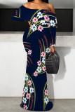 Sexy Floral Print Polka Dot Ruffle Contrast Off Shoulder Long Dresses