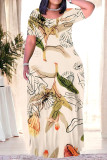 Casual Floral Print Stripe Pocket Contrast O Neck Long Plus Size Dresses