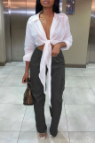 Casual Solid Bandage Turndown Collar Tops