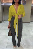 Casual Solid Bandage Turndown Collar Tops