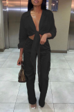 Casual Solid Bandage Turndown Collar Tops