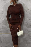 Elegant Solid Color Patchwork Ruched O Neck Long Dresses