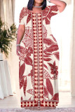 Casual Floral Print Stripe Pocket Contrast O Neck Long Plus Size Dresses