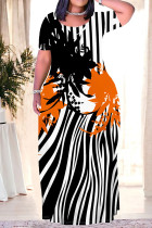 Casual Floral Print Stripe Pocket Contrast O Neck Long Plus Size Dresses