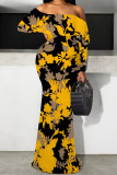 Sexy Floral Print Polka Dot Ruffle Contrast Off Shoulder Long Dresses