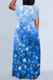 Casual Floral Print Stripe Pocket Contrast O Neck Long Plus Size Dresses
