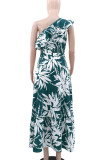 Elegant Print Patchwork Backless Ruffled Trim Oblique Collar Long Dresses
