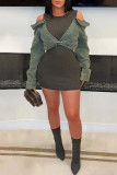 Casual Patchwork Hollow Out O Neck Long Sleeve Bodycon Denim Dresses