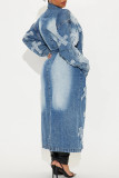 Casual Pocket Buttons Patchwork Strap Design Turndown Collar Long Sleeve Loose Denim Jacket