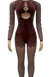 Sexy Hot Solid Color Hollow Out See-Through O Neck Skinny Jumpsuits