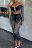 Sexy Hot Solid Color Hollow Out See-Through Backless Off Shoulder Long Sleeve Two Pieces