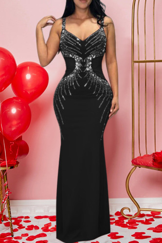 Sexy Solid Color Patchwork Backless Hot Drill Spaghetti Strap Sling Dresses