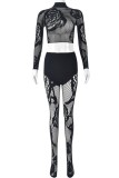 Sexy Hot Solid Color Hollow Out See-Through O Neck Long Sleeve Two Pieces