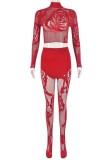 Sexy Hot Solid Color Hollow Out See-Through O Neck Long Sleeve Two Pieces