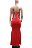 Sexy Solid Color Patchwork Backless Hot Drill Spaghetti Strap Sling Dresses