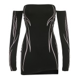 Sexy Print Backless Off the Shoulder Long Sleeve Dresses