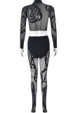 Sexy Hot Solid Color Hollow Out See-Through O Neck Long Sleeve Two Pieces