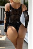 Sexy Solid Color Hollow Out See-Through Hot Drill Lingerie (With Sleeves)