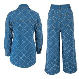 Casual Plaid Rhombus See-Through Turndown Collar Long Sleeve Two Pieces