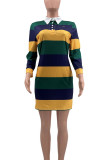 Casual Colorblock Patchwork Turndown Collar Straight Dresses