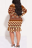 Casual National Totem Lace Up Ruffle Contrast V Neck Printed Plus Size Dresses