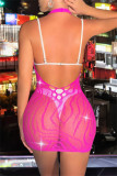Sexy Rhinestone Patchwork Hollow Out See-Through Backless Lingerie