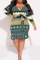 Casual National Totem Lace Up Ruffle Contrast V Neck Printed Plus Size Dresses