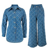 Casual Plaid Rhombus See-Through Turndown Collar Long Sleeve Two Pieces