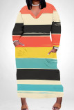Casual Colorblock Pocket Patchwork V Neck Straight Plus Size Dresses