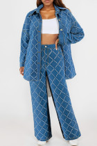Casual Plaid Rhombus See-Through Turndown Collar Long Sleeve Two Pieces